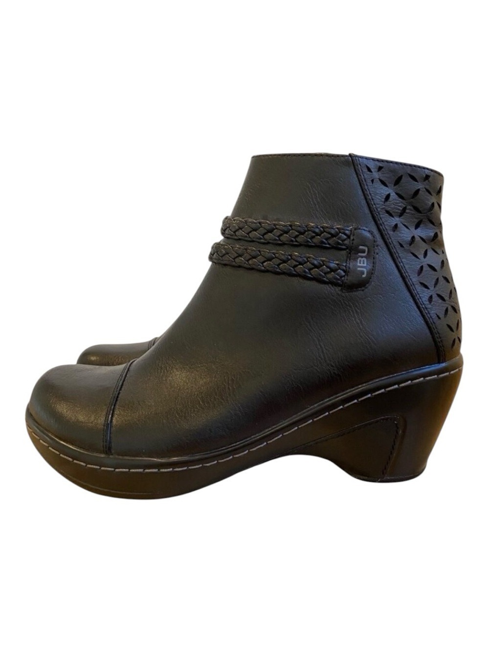 JBU Womens Black 7.5 Ankle Boot With Braided Strap Laser Cut Design wedges vegan
